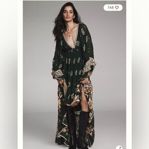 Anthropologie Farm Rio Ayla Long Sleeve V-Neck Maxi Dress XXS